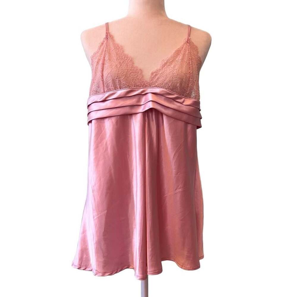 Pink Satin and Lace Chemise Nightgown with Bow Detail